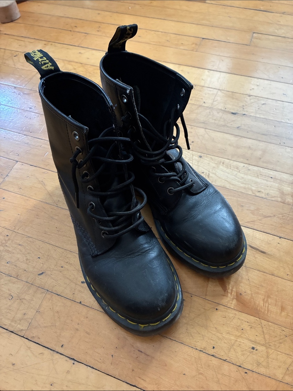 Dr. Martens Black Leather Lace-Up Boots with Yellow Stitching